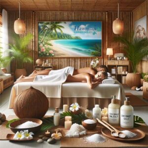 Tranquil couples massage room at Hawaiian Experience Spa in the greater Phoenix area, featuring a white male and female couple covered with soft spa blankets on a large massage table, awaiting a Coconut Sea Salt Lomi Lomi treatment. The room showcases Hawaiian inspired decor with bamboo, plants, flowers, and a large picture of coconut trees in Hawaii. Foreground displays complementary items like coconut lotion and sea salts, enhancing the therapeutic ambiance.