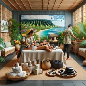 Mauna Loa Couples Massage at Hawaiian Experience Spa, Phoenix, AZ: A couple relaxes on a large table in a serene room with Hawaiian decor, including bamboo and tropical plants receiving a hot stone lomi lomi spa experience
