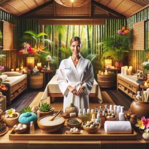 Woman in spa robe smiling. She is in a spa treatment room with bamboo, plants and flowers and has spa products, lotions and other items around her.