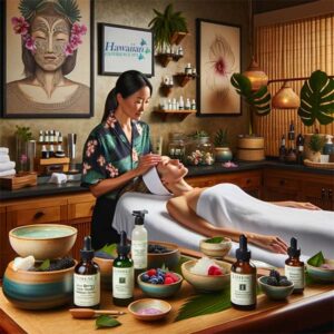 Woman receiving an Arctic Berry Peel by an esthetician in an aloha shirt and black pants at Hawaiian Experience Spa, Phoenix Arizona area. The room has berries and serums in the foreground and has bamboo and plants as part of decor