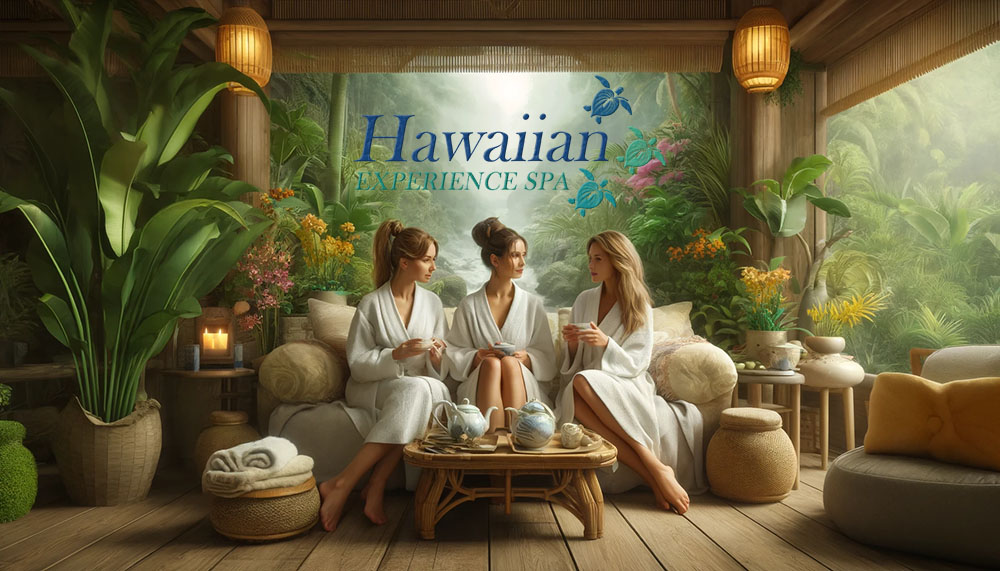 Three women in spa robes in a tropical lounge at Hawaiian Experience Spa