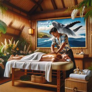 Man face down on massage table receiving lomi lomi massage from a male therapist at Hawaiian Experience Spa, Phoenix Arizona area. Room has bamboo walls and a large picture of a breaching whale on the wall.
