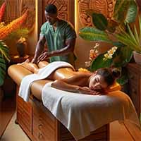 Woman receiving a lomi lomi massage. She is face down, draped in small towel. Male therapist in Hawaiian Experiene Spa Phoenix, AZ providing massage