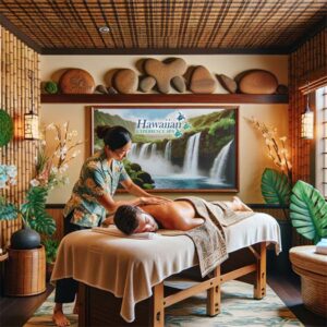 Man face down on massage table receiving Mainland Therapeutic Massage at Hawaiian Experience Spa, Phoenix AZ area. Room has bamboo, plants and large picture of waterfall.