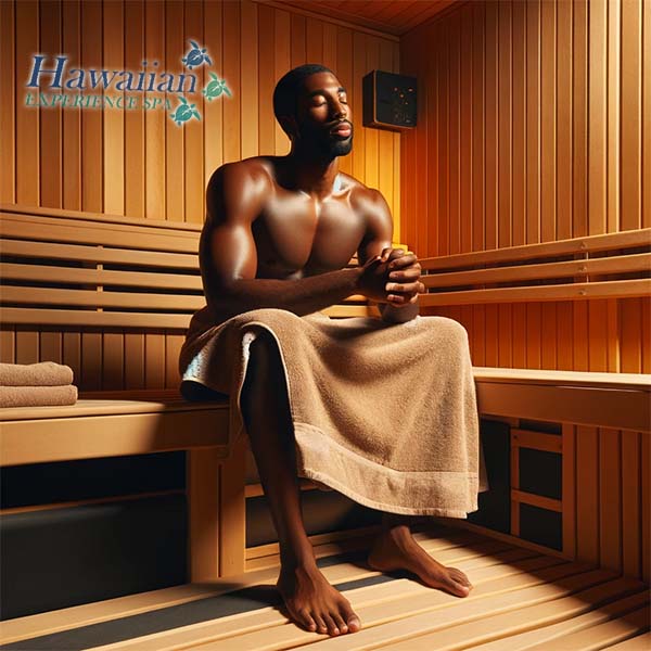 Black man with towel on his waist sitting in infrared sauna at Hawaiian Experience Spa, Phoenix, AZ area