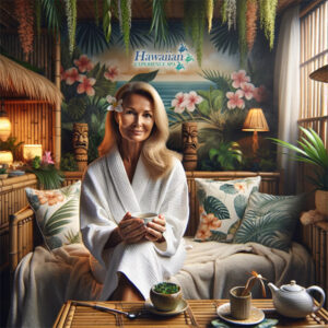 Middle aged woman in spa robe relaxing with tea in lounge at Hawaiian Experience Spa, Phoenix, AZ area