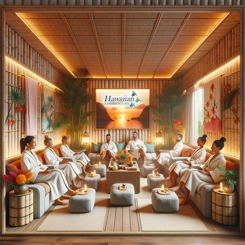 Concept image of the lounge at the new Hawaiian Experience Spa location in Tempe, AZ. This cozy, intimate setting is designed without windows to emphasize the indoor ambiance. The room features comfortable chairs and sofas closely arranged, creating a warm and inviting atmosphere for about a dozen guests. Decorated with a large picture of a Hawaiian sunset, bamboo accents, lush tropical plants, and vibrant flowers, the room embodies a Hawaiian theme. Guests of diverse ethnic backgrounds, including men and women, are depicted relaxing in plush spa robes, enjoying the serene, enclosed environment.