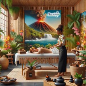 Young woman receive a hot stone massage. A picture of a volcano is on the wall and bamboo, plants and flowers are around. At Hawaiian Experience Spa in Arizona